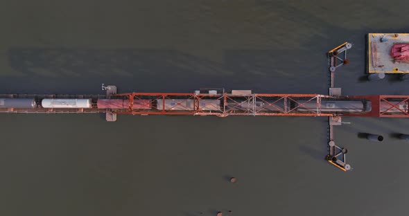 Birds eye view of train traveling over the  Calcasieu River in Lake Charles, Louisiana