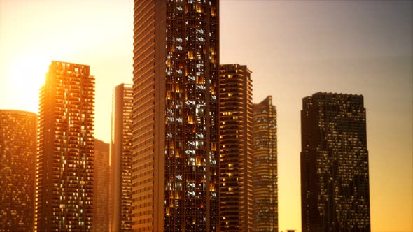 Sunset Aerial Shot of Skyscrapers of Business Centre alt