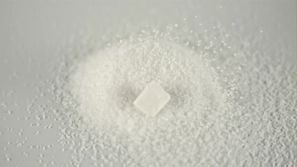 Super Slow Motion Drop Pieces of White Sugar