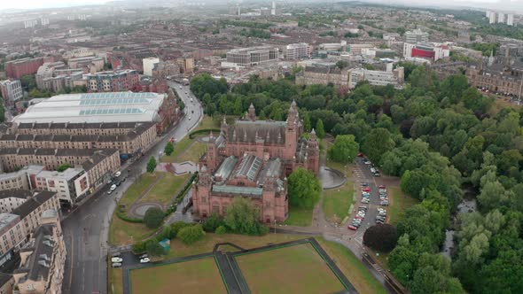 Circling drone shot around Kelvingrove art gallery museum Glasgow