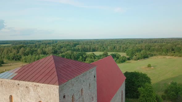 Aerial of an ancient Christian church in Estonia, Saaremaa.