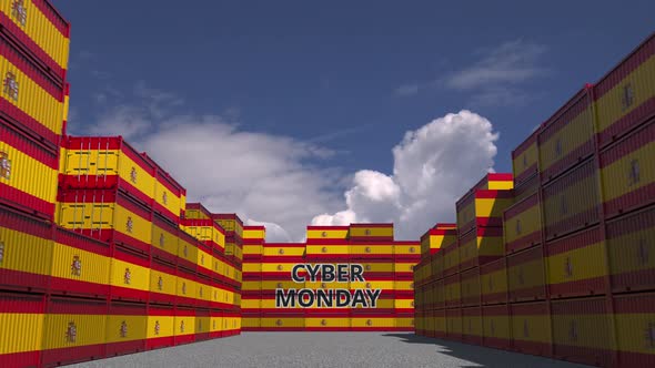 Containers with CYBER MONDAY Text and Flags of Spain