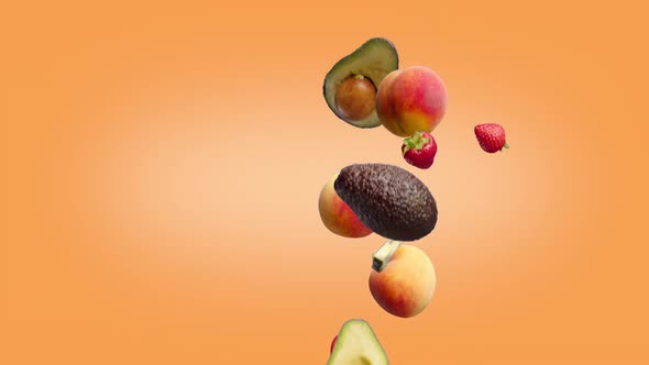 Peach Avocado and Strawberry Fruits Fall on a Orange Background