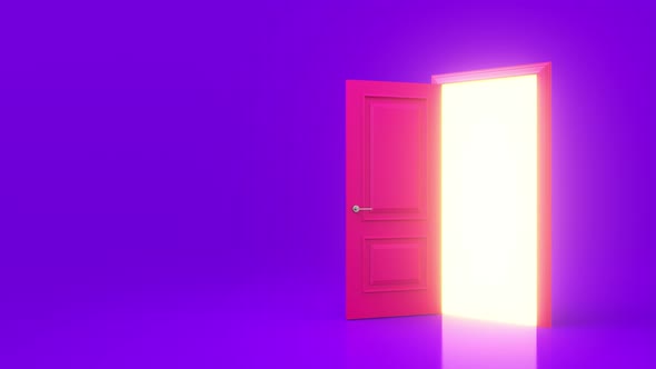 Yellow light inside an open pink door isolated on a purple background