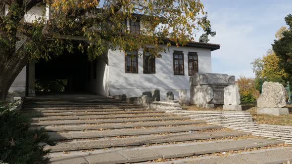 VIDIN, BULGARIA - OCTOBER 10, 2017 Stairways leading to  Konaka museum building in Bulgarian city pe