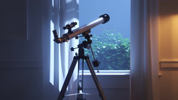 Small telescope pointed through the window to observe sky during cloudless night