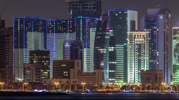 Doha Skyscrapers in Downtown Skyline Night Timelapse Qatar Middle East