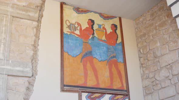 Ancient Frescoes on the Wall World Famous Knossos Palace of King Minos Where According to Legend