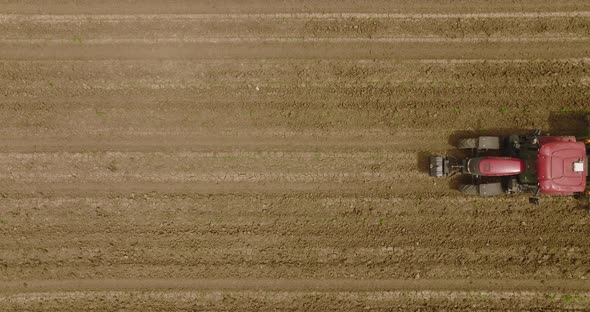 Tractor spreading fertilizer over a large Corn field, Aerial follow footage.