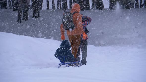 Family of Dad, Mom, Little Son and Daughter Riding on a Sled in a Pine Forest in Snowfall