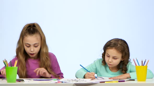 Children Sisters, Decorate the Picture with Pencils. White Background alt