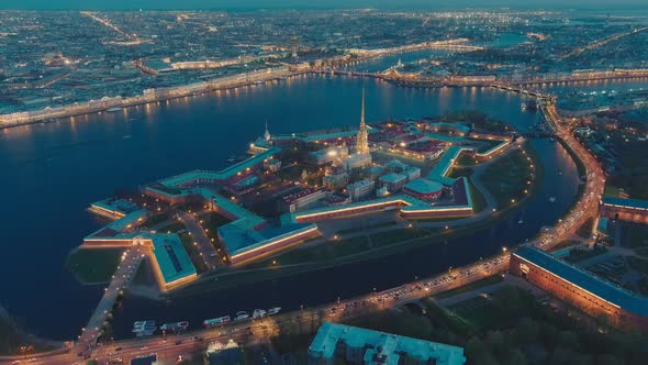 Drone Flies Off the Peter and Paul Cathedral and Fortress at Evening the Sights of St