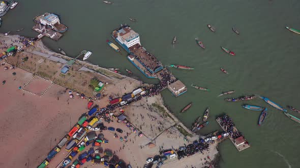 Aerial view of people waiting for ferry, Dhaka, Bangladesh,.