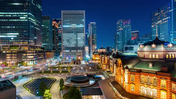 time lapse of night scene of Tokyo Station in the Marunouchi business district, Tokyo, Japan