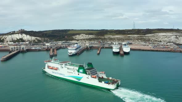 Aerial View of the Dover Harbor with Ferries and Cruise Ships in Dover UK