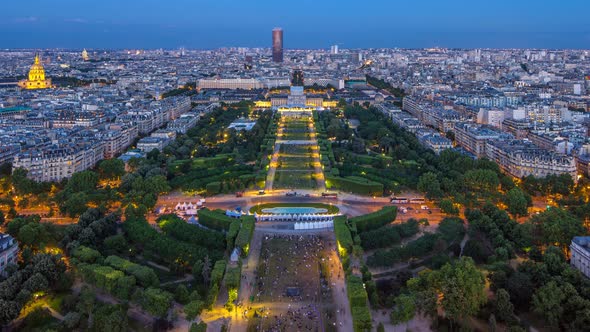 Aerial View of a Large City Skyline After Sunset Day to Night Timelapse