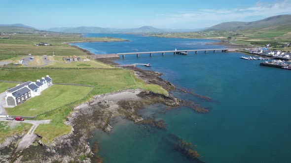 Portmagee village County Kerry, Ireland road bridge  Valentia island drone point of view