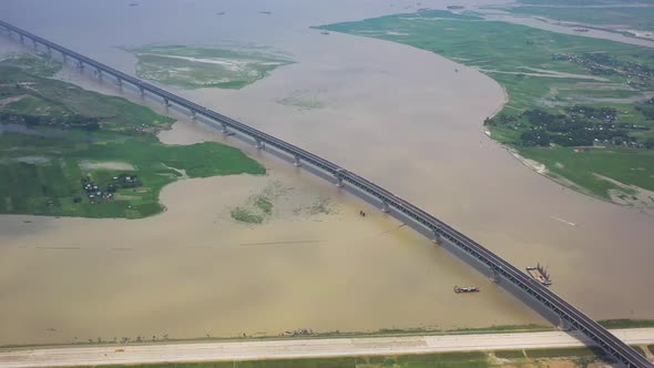 Aerial view of Padma bridge, over the Padma river by day, Dhaka, Bangladesh.