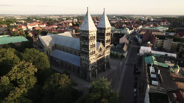 Drone circling Lund Cathedral, Sweden