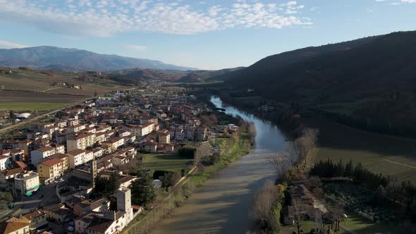 Aerial view of a small river near Sieci, Tuscany, Italy.