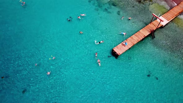 Tilt down aerial view of a group of people diving at Grandi Beach in Curacao, Dutch Caribbean island