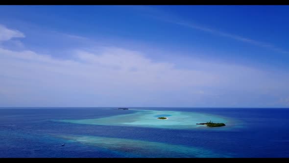 Aerial top down tourism of marine seashore beach voyage by transparent lagoon and white sand backgro