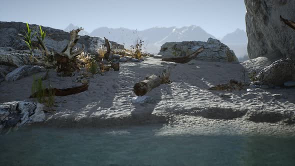 White Sand Beach Near Rocky Cliffs at Ocean