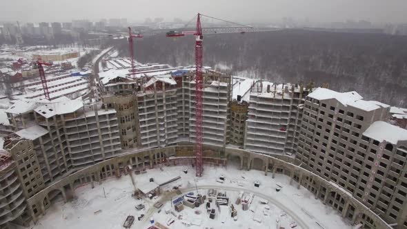 Aerial View of a Huge Winter Building Construction Zone