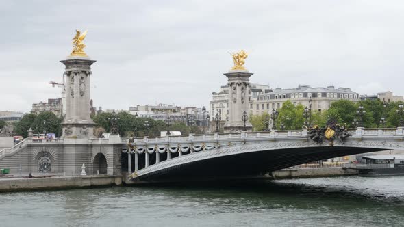 PARIS, FRANCE - AUGUST 2015  Beautiful   detailed  Alexander III river Seine bridge golden statues i