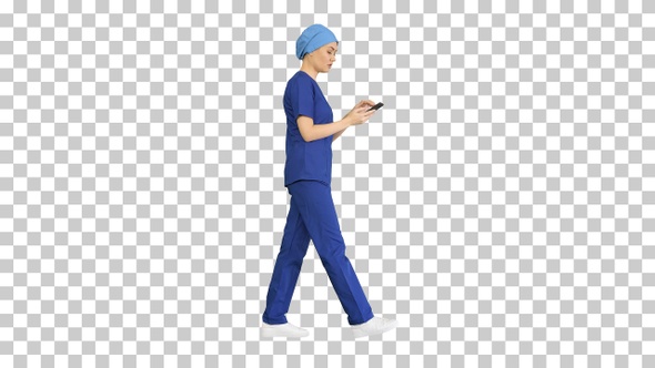 Female doctor or nurse in blue uniform, Alpha Channel