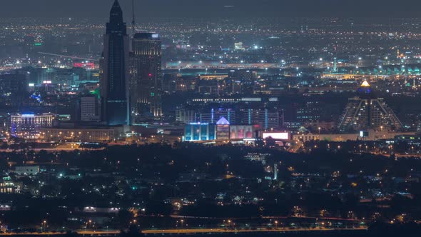 Aerial View of Neighbourhood Zabeel and Dubai Creek with Typical Old and Modern Buildings Night