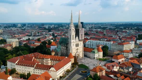 Zagreb Cathedral And City At Daytime In Kaptol, Croatia. - aerial