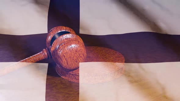 Finnish judiciary. Flag of Finland and Judge's gavel.