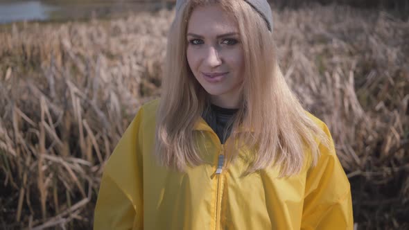 Portrait Adorable Pretty Young Beautiful Blond Woman Posing Near Lake or River