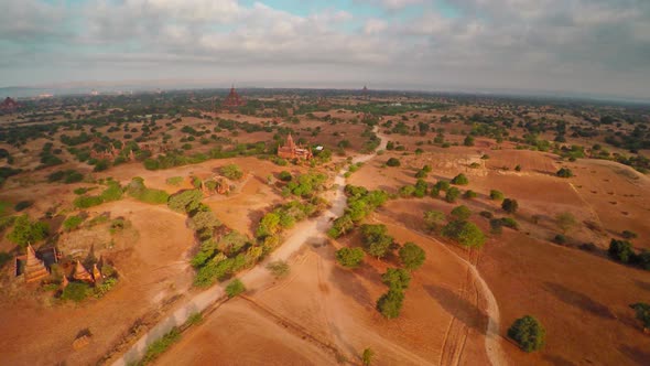 Flying Over Temples in Bagan at Morning