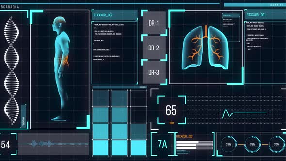 Animation of the human body analyzed on a screen, lungs and heart beat analyzed, medical information