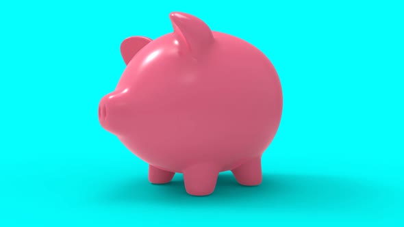 Cute pink piggy bank rotating against turquoise background 