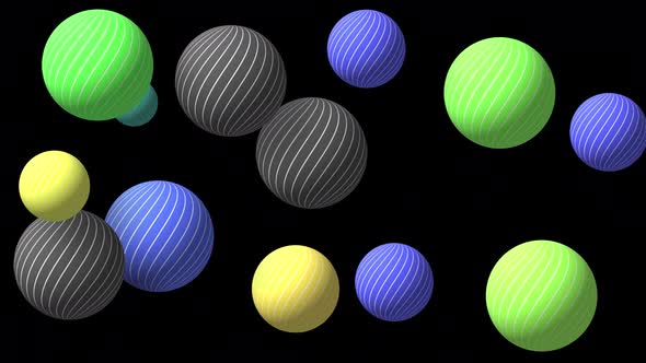 Abstract colorful background with flying or floating simple geometric forms. 3d sphere animation.