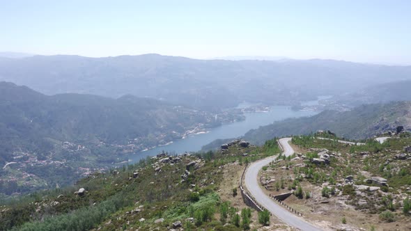 Geres national park drone aerial view with a road and river in Portugal