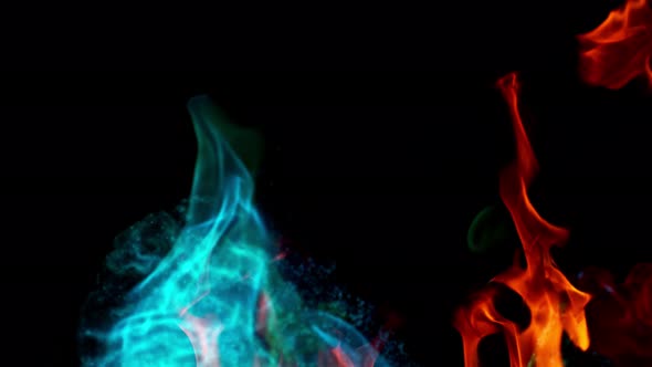 Super Slow Motion Shot of Real Unique Colorful Fire Background Isolated on Black at 1000 Fps