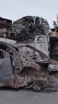 Vertical Video of a Dump of Destroyed Cars During the War in Ukraine