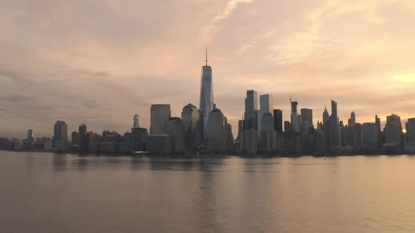 Aerial footage of lower Manhattan; taken from Jersey City