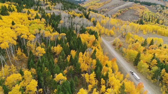 Flying over colorful Fall landscape following truck and horse trailer in Idaho