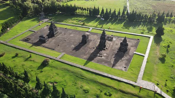 Aerial view of arjuna temple complex at Dieng Plateau.