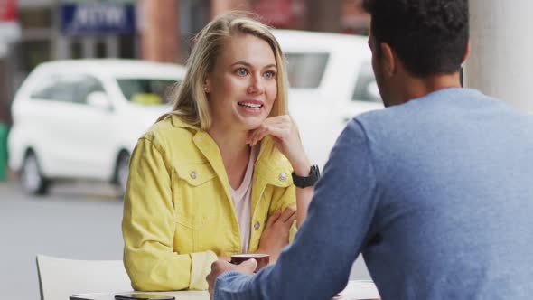 Caucasian couple enjoying at terrace coffee