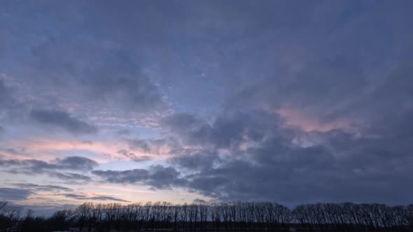 Timelapse of evening clouds in the winter sky. Trees without leaves on the horizon.