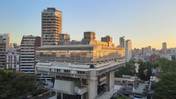 Ascending pedestal view of the National Library revealing the city of Buenos Aires