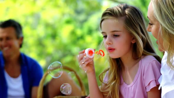 Mother and daughter blowing bubble with bubble wand at picnic in park 4k