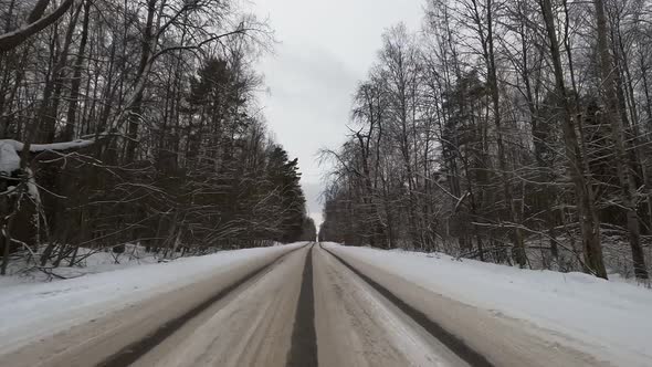 Drive a car in the forest on a snowy road