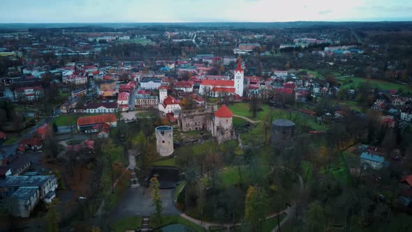 Cesis City, Latvia Aerial View With Medieval St. John’s Church and Ruins of the Beautiful Castle 